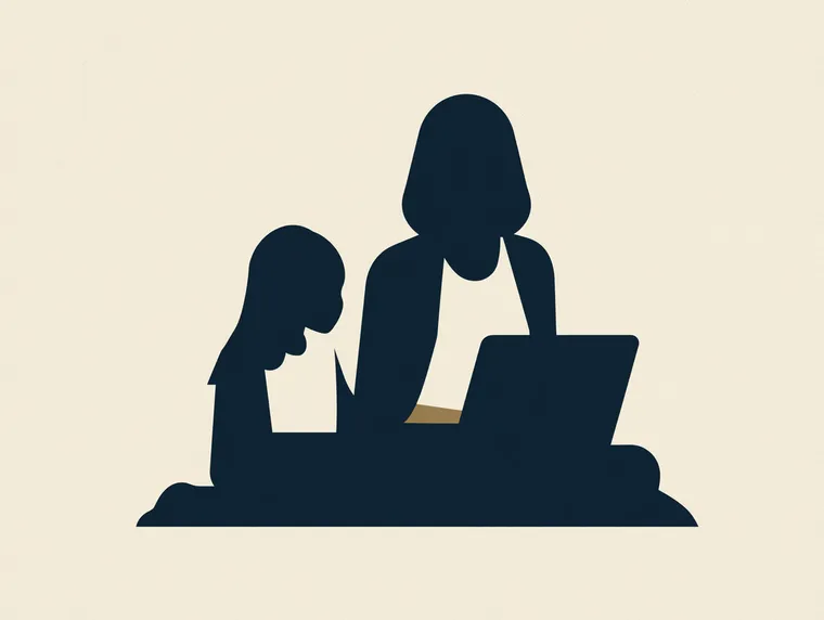 Illustration: ein Elternteil und ein Kind informieren sich gemeinsam am Laptop unabhängig über die Studienplatzklage