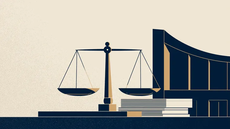Illustration: Waage der Justiz vor einer Hörsaal-Silhouette — Symbolbild zur Studienplatzklage